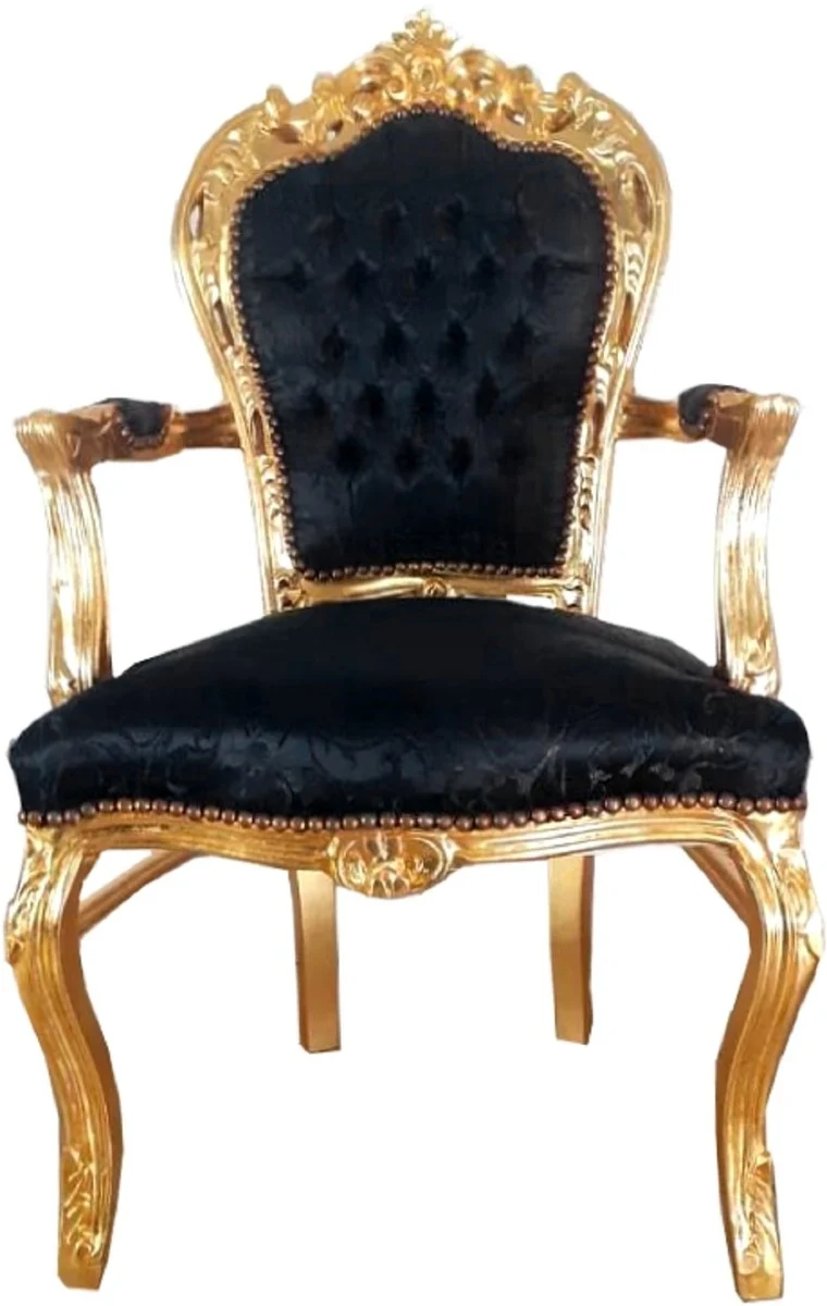Casa Padrino Barock Esszimmerstuhl mit Armlehnen Schwarz Muster / Gold 53 x 57 x H. 108 cm - Handgefertigter Antik Stil Stuhl mit edlem Satinstoff - Barock Esszimmer Möbel