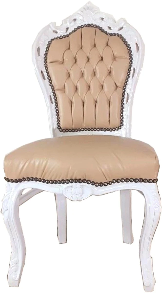 Casa Padrino Barock Esszimmerstuhl Beige / Weiß 53 x 57 x H. 108 cm - Handgefertigter Antik Stil Massivholz Stuhl mit edlem Kunstleder - Barock Esszimmer Möbel