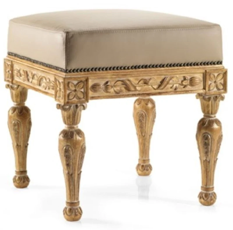 Casa Padrino Luxus Barock Leder Hocker Beige / Antik Naturfarben - Handgefertigter Barockstil Sitzhocker mit hochwertigem Echtleder - Barock Möbel - Luxus Qualität - Made in Italy