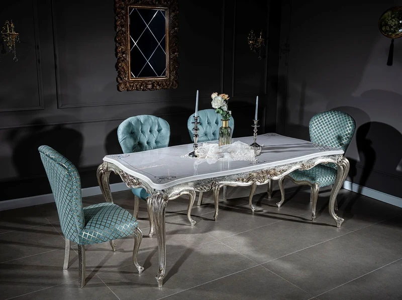 Casa Padrino Luxus Barock Esstisch Weiß / Silber / Gold 207 x 112 x H. 82 cm - Massivholz Esszimmertisch - Edle Barock Esszimmer Möbel