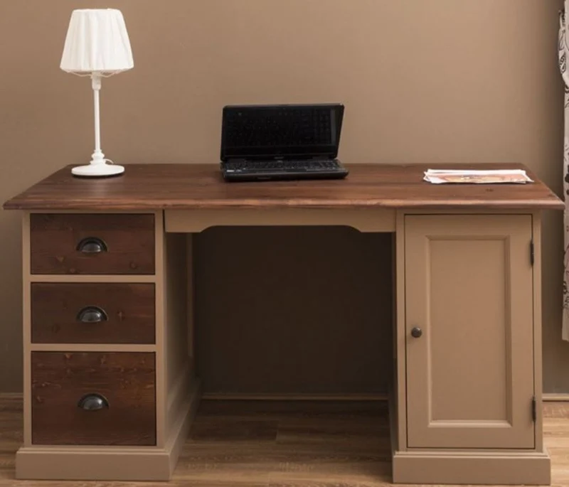 Casa Padrino Landhausstil Massivholz Schreibtisch mit Tür und 3 Schubladen Beige / Dunkelbraun 152 x 70 x H. 78 cm - Büromöbel im Landhausstil