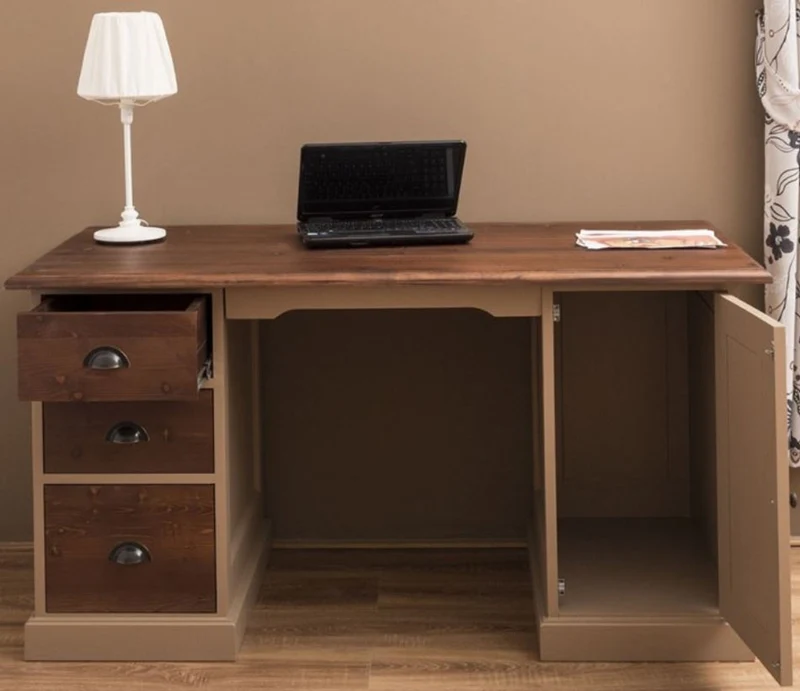 Casa Padrino Landhausstil Massivholz Schreibtisch mit Tür und 3 Schubladen Beige / Dunkelbraun 152 x 70 x H. 78 cm - Büromöbel im Landhausstil