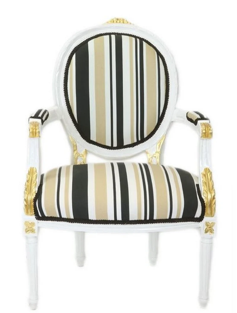Casa Padrino Barock Salon Stuhl Weiß / Gold / Mehrfarbig 50 x 50 x H. 105 cm - Gestreifter Barock Stuhl mit Armlehnen - Barock Möbel