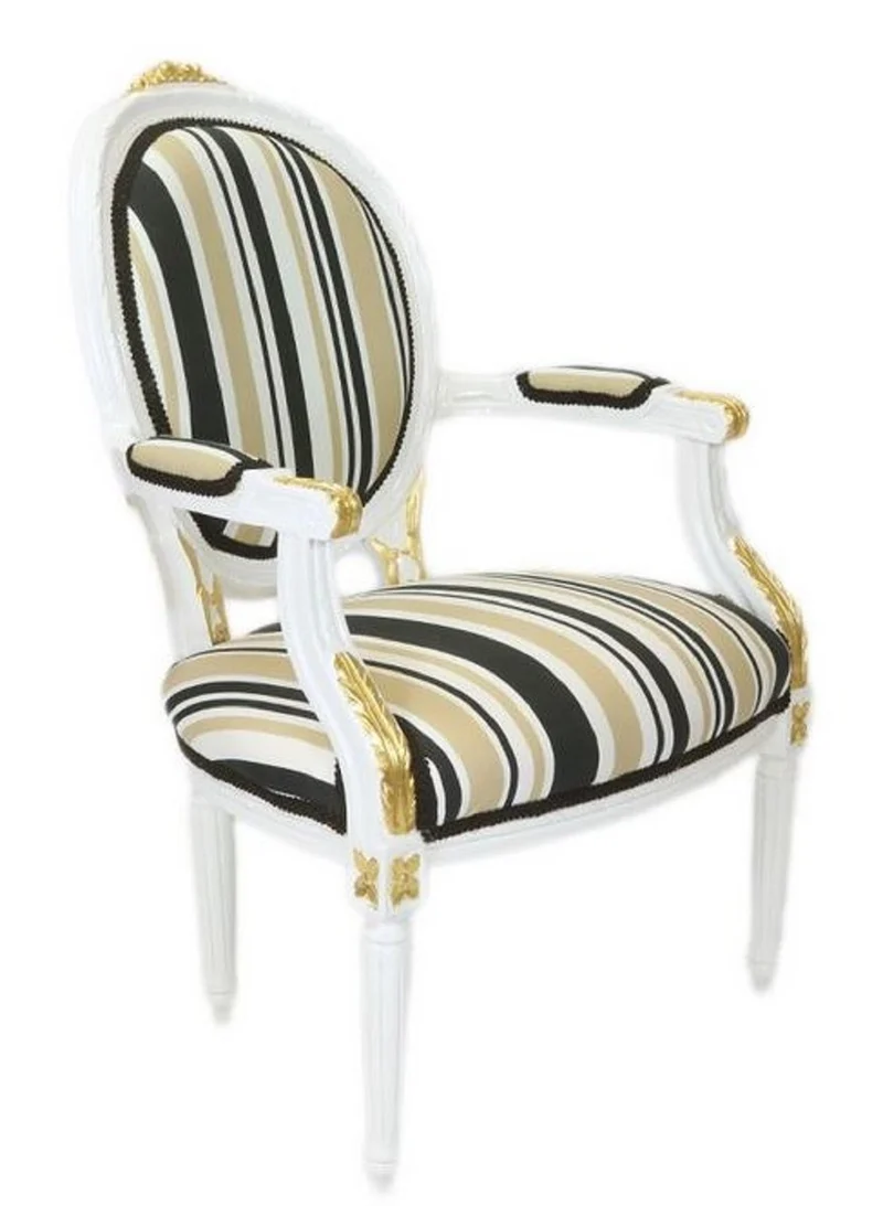 Casa Padrino Barock Salon Stuhl Weiß / Gold / Mehrfarbig 50 x 50 x H. 105 cm - Gestreifter Barock Stuhl mit Armlehnen - Barock Möbel