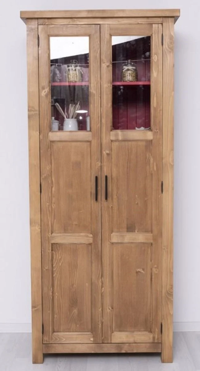 Casa Padrino Landhausstil Esszimmerschrank Naturfarben / Rot 96 x 65 x H. 220 cm - Massivholz Küchenschrank mit 2 Türen - Esszimmer Möbel im Landhausstil - Landhausstil Esszimmer Einrichtung