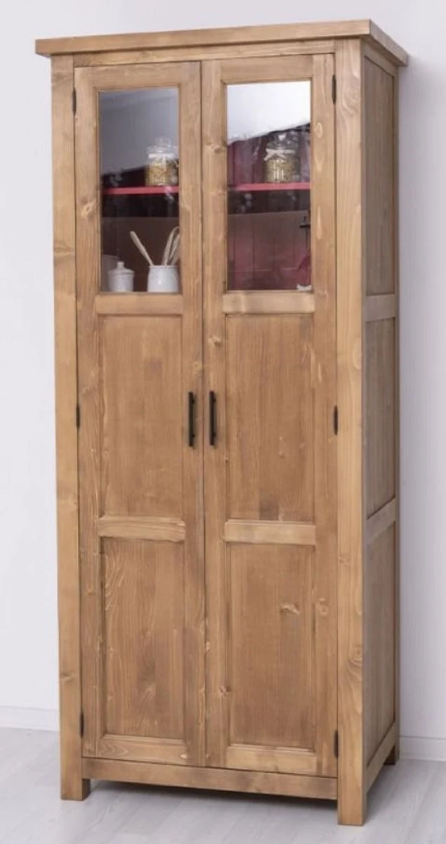Casa Padrino Landhausstil Esszimmerschrank Naturfarben / Rot 96 x 65 x H. 220 cm - Massivholz Küchenschrank mit 2 Türen - Esszimmer Möbel im Landhausstil - Landhausstil Esszimmer Einrichtung