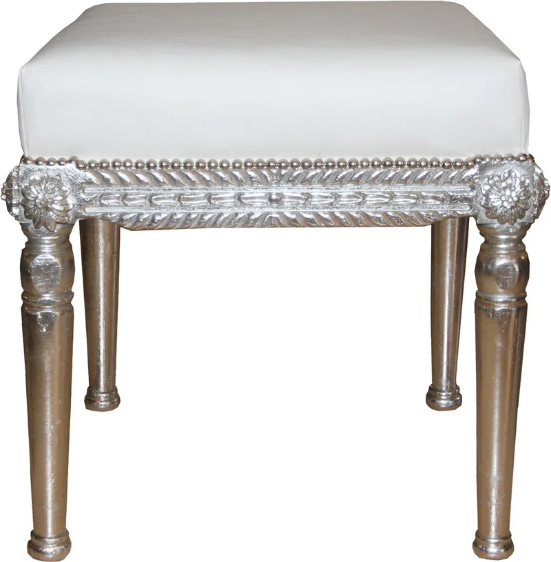 Casa Padrino Barock Antik Stil Sitzhocker in Weiß/Silber B 56 cm, H 54 cm - Barock Sitzhocker