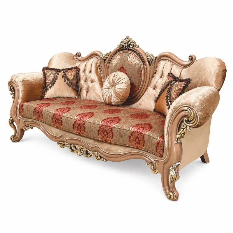 Casa Padrino Luxus Barock Sofa mit Kissen Gold / Grau / Bordeauxrot / Braun 250 cm - Prunkvolles Barockstil Wohnzimmer Sofa - Barock Möbel