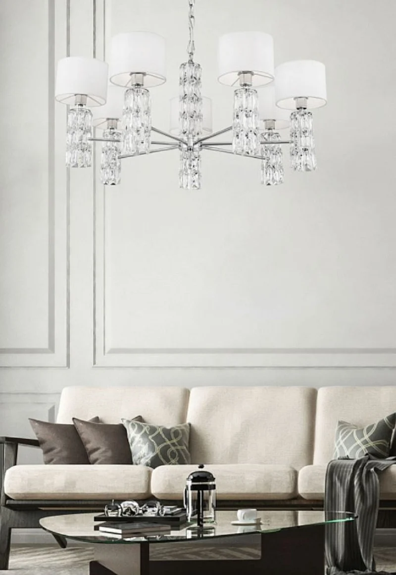 Casa Padrino Designer Kronleuchter Silber / Weiß Ø 80 x H. 37,2 cm - Moderner Metall Kronleuchter mit eleganten Glaselementen und runden Lampenschirmen