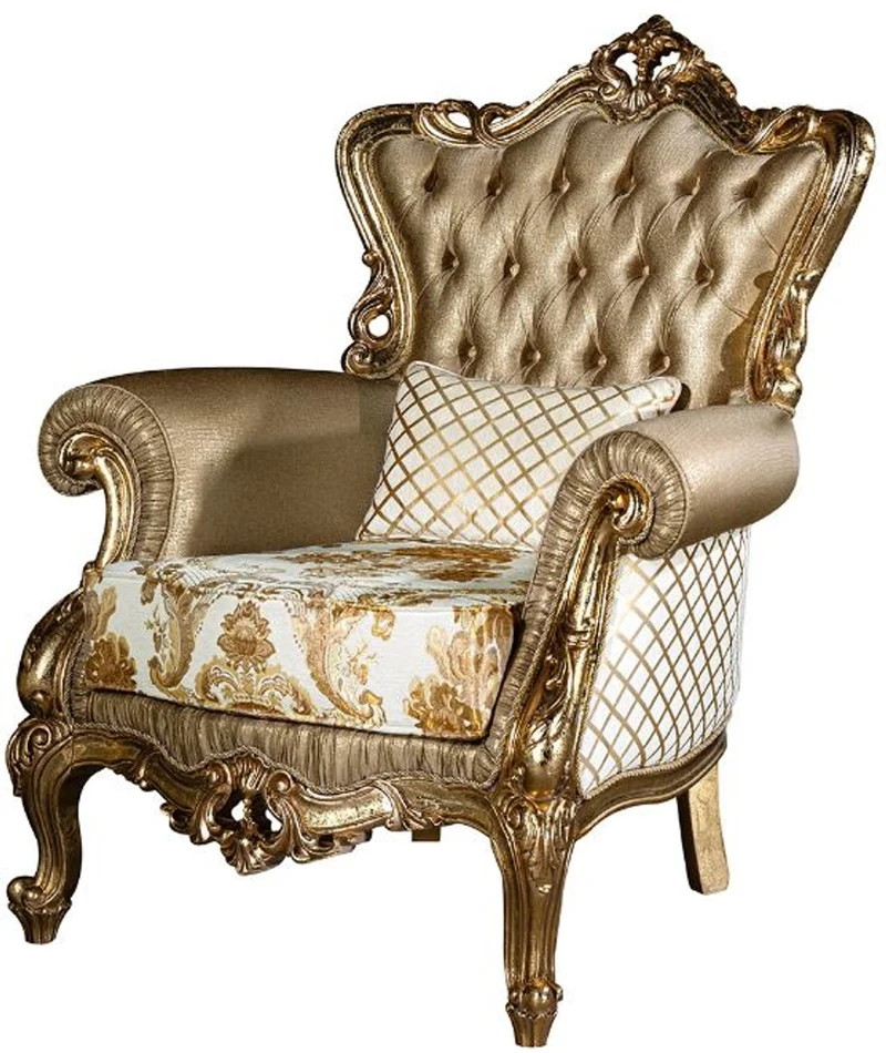 Casa Padrino Luxus Barock Wohnzimmer Sessel mit dekorativem Kissen Gold / Weiß 98 x 90 x H. 117 cm - Prunkvolle Barock Möbel