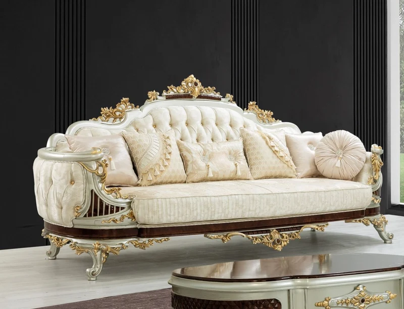 Casa Padrino Luxus Barock Wohnzimmer Set Creme / Beige / Dunkelbraun / Silber / Gold - 2 Sofas & 2 Sessel & 1 Couchtisch - Wohnzimmermöbel im Barockstil - Edel & Prunkvoll