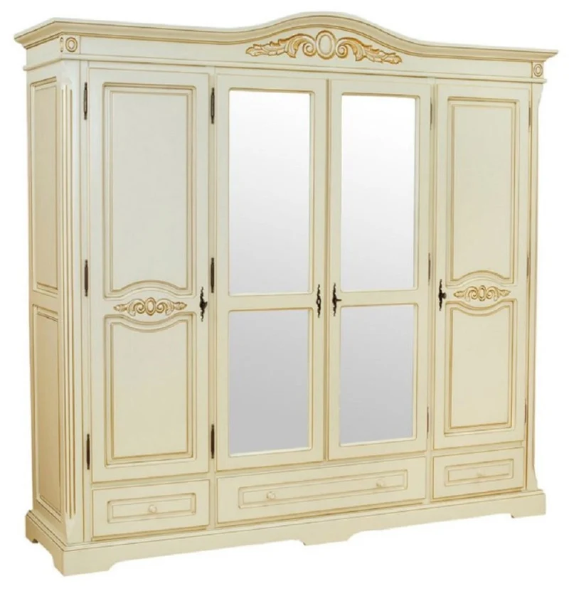 Casa Padrino Luxus Barock Schlafzimmerschrank Creme / Beige - Barockstil Massivholz Schrank mit 4 Türen und 3 Schubladen - Barock Kleiderschrank - Barock Schlafzimmer Möbel