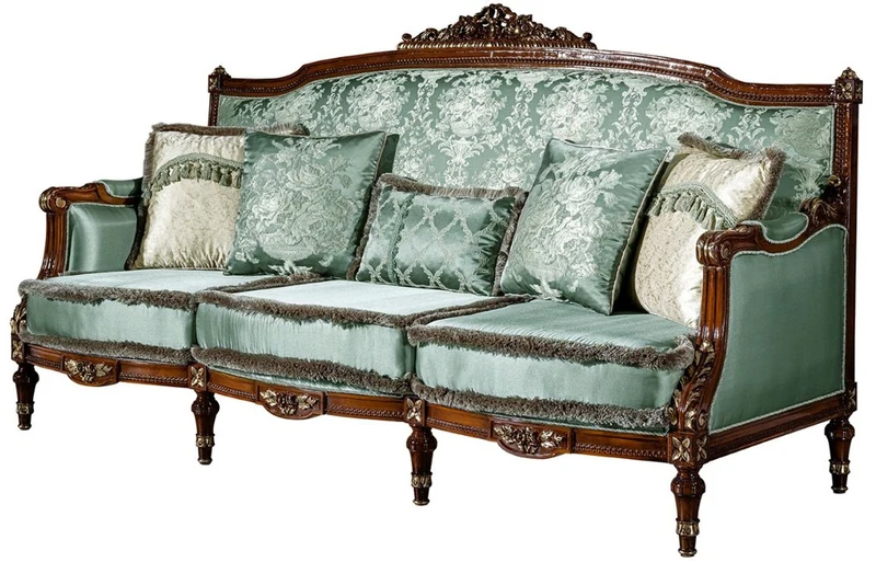 Casa Padrino Luxus Barock Wohnzimmer Set Hellgrün / Braun - 2 Sofas & 2 Sessel & 1 Couchtisch - Prunkvolle Wohnzimmer Möbel im Barockstil