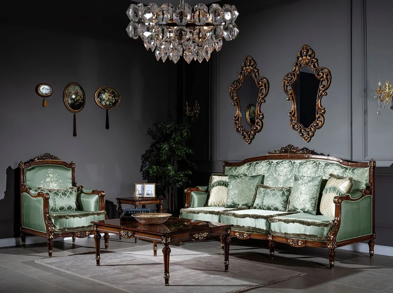 Casa Padrino Luxus Barock Wohnzimmer Set Hellgrün / Braun - 2 Sofas & 2 Sessel & 1 Couchtisch - Prunkvolle Wohnzimmer Möbel im Barockstil