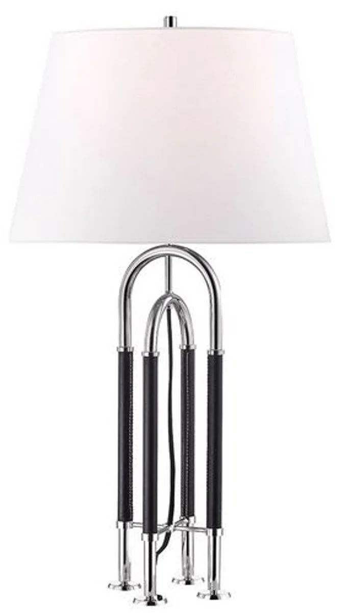 Casa Padrino Luxus Tischleuchte Silber / Schwarz / Weiß Ø 40,6 x H. 73,7 cm - Edle Metall Leuchte mit hochwertigem Leder und Leinen Lampenschirm - Luxus Qualität