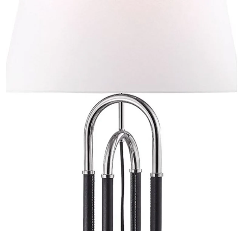 Casa Padrino Luxus Tischleuchte Silber / Schwarz / Weiß Ø 40,6 x H. 73,7 cm - Edle Metall Leuchte mit hochwertigem Leder und Leinen Lampenschirm - Luxus Qualität