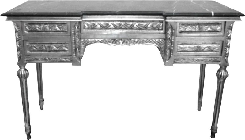 Casa Padrino Barock Konsole Silber mit Marmorplatte und 5 Schubladen 126 x 43 x H79 cm - Konsolentisch Sekretär - Möbel