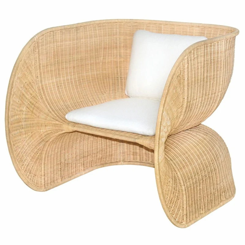 Casa Padrino Luxus Rattan Lounge Sessel mit Kissen Naturfarben / Weiß - Rattan Möbel