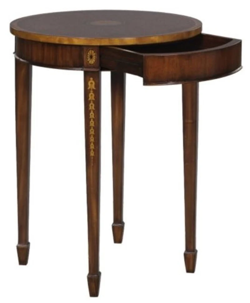 Casa Padrino Luxus Jugendstil Mahagoni Beistelltisch Braun / Gold Ø 51 x H. 69 cm - Kleiner Runder Beistelltisch mit Schublade