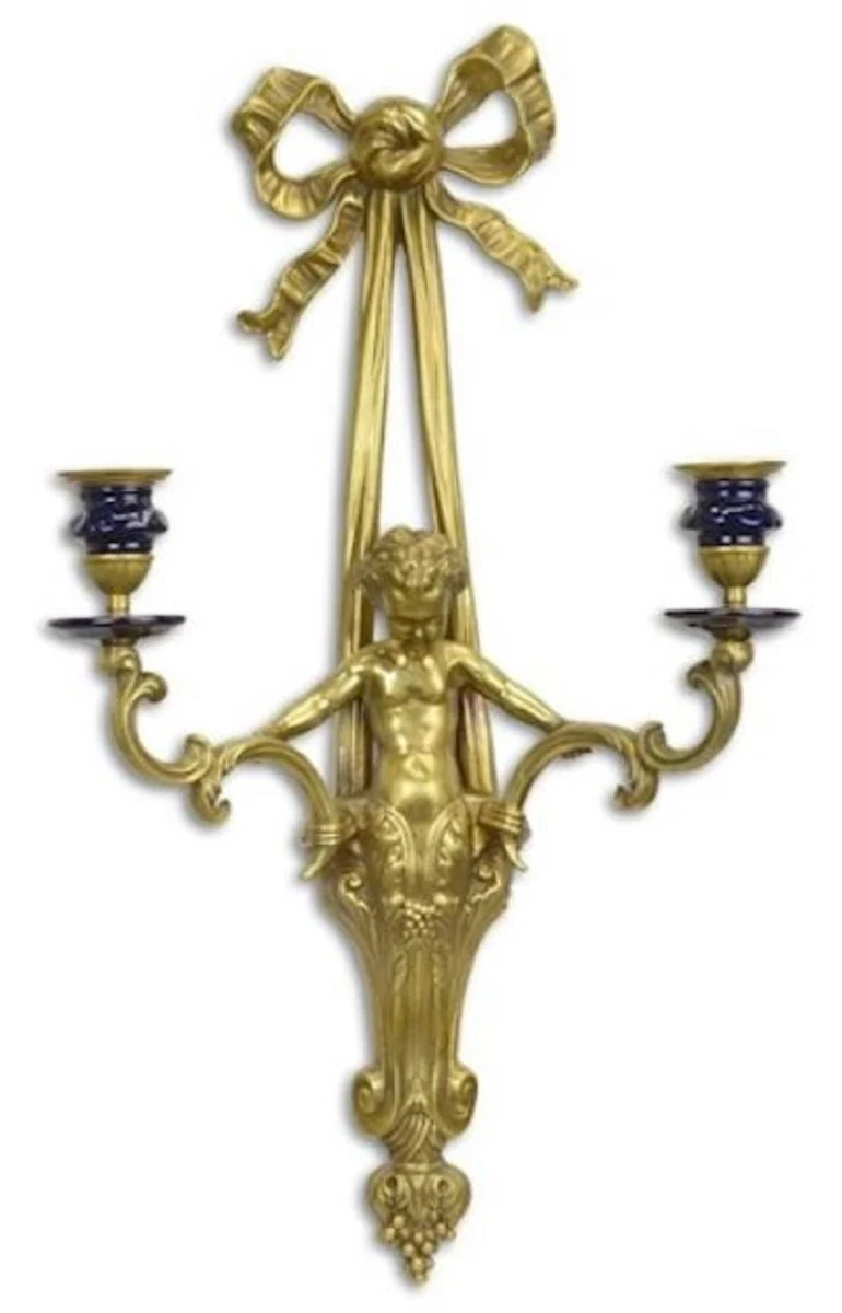 Casa Padrino Luxus Barock Wand Kerzenhalter Gold / Blau 30,2 x H. 54,6 cm - Prunkvoller Bronze Kerzenhalter im Barockstil - Barock Deko Accessoires - Barock Möbel - Barock Interior