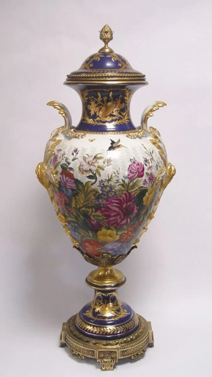Casa Padrino Luxus Porzellan Vase mit Deckel - Barock Stil, Blau / Gold, Höhe 93 cm