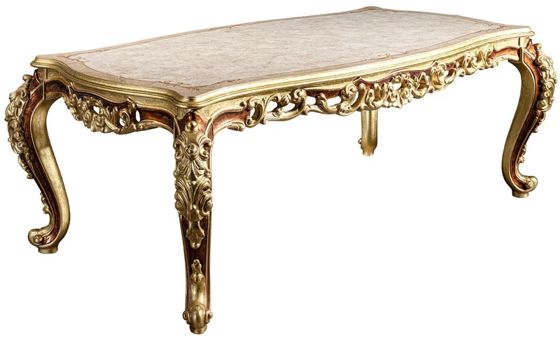 Casa Padrino Luxus Barock Esstisch Creme / Beige / Braun / Gold 210 x 110 x H. 85 cm - Prunkvoller Massivholz Esszimmertisch - Esszimmer Möbel im Barockstil