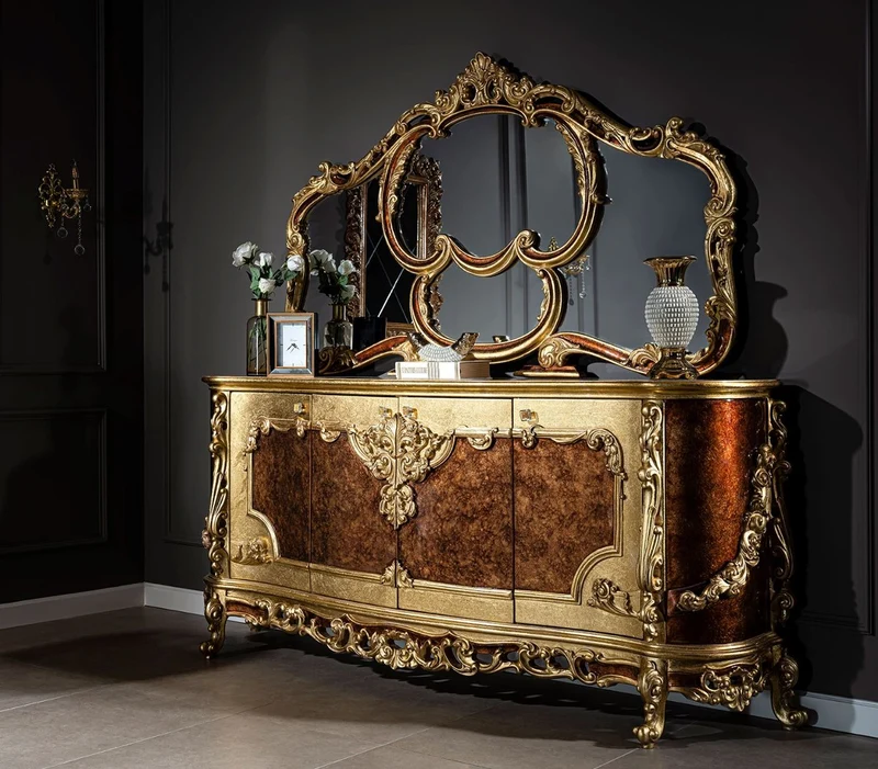 Casa Padrino Luxus Barock Möbel Set Sideboard mit Spiegel Creme / Beige / Braun / Gold - Prunkvoller Massivholz Schrank mit Wandspiegel - Edle Möbel im Barockstil - Luxus Qualität