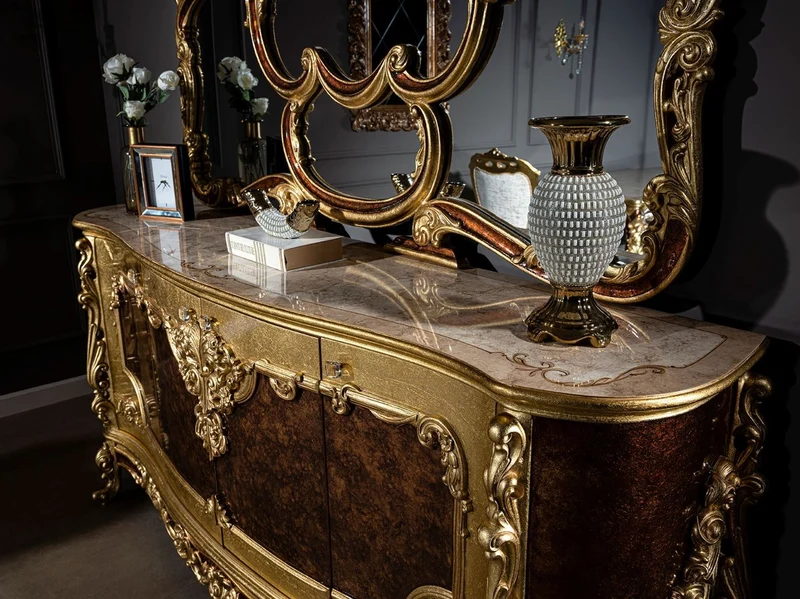 Casa Padrino Luxus Barock Möbel Set Sideboard mit Spiegel Creme / Beige / Braun / Gold - Prunkvoller Massivholz Schrank mit Wandspiegel - Edle Möbel im Barockstil - Luxus Qualität