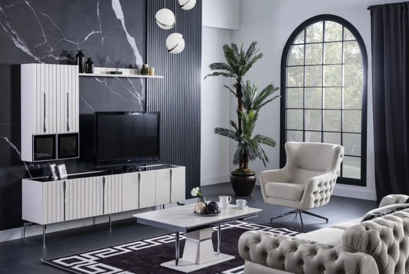 Casa Padrino Luxus Art Deco TV Schrank Weiß / Schwarz / Silber 208 x 44 x H. 64 cm - Edler Wohnzimmer Fernsehschrank mit 4 Türen - Art Deco Möbel