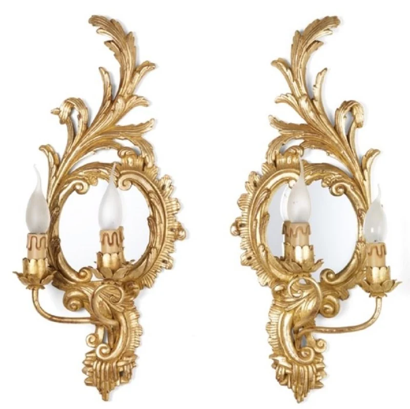 Casa Padrino Luxus Barock Doppel Wandleuchten Set Antik Gold 27 x 15 x H. 59 cm - Prunkvolle Barockstil Wandlampen mit kleinem Spiegel - Barock Leuchten - Luxus Qualität - Made in Italy