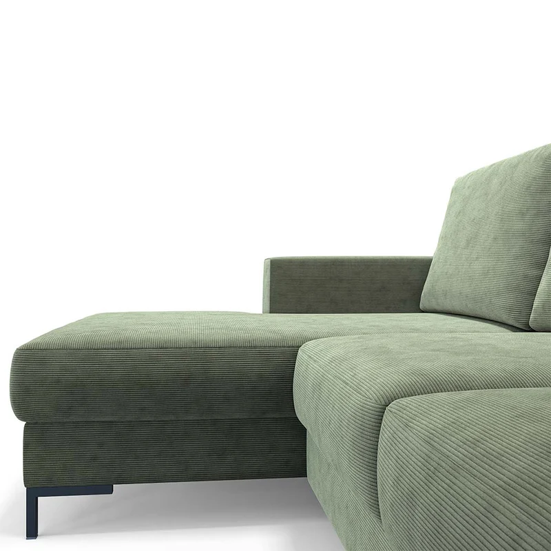 Ecksofa mit Schlaffunktion Mokpeo, L-förmig, mit zwei Stauraumfächern, schwarzen Füßen, grüner Cord, linksseitig