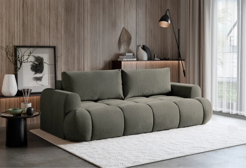 Dreisitziges ausklappbares Sofa Ombo Doce mit Stauraum, dunkelbeige, wasserabweisender Samt