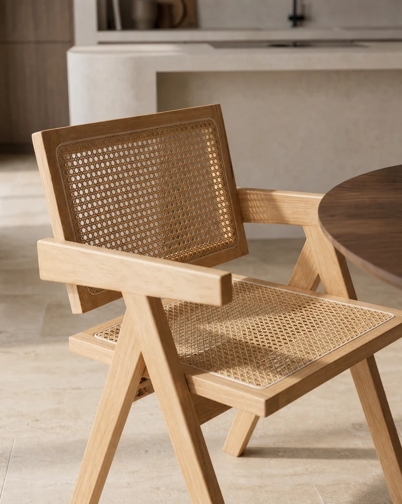 Eetkamerstoel Madera met Armleuningen – Naturel & Rotan