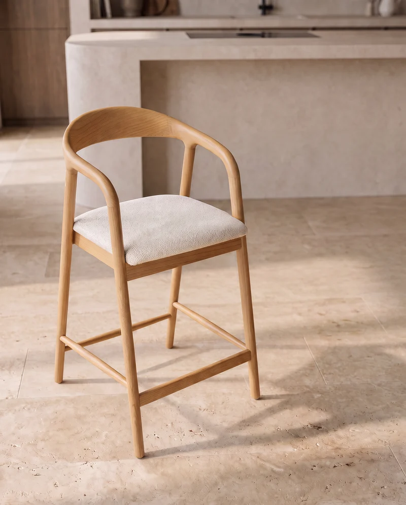 Japandi Essenhouten Barkruk Licht Beige