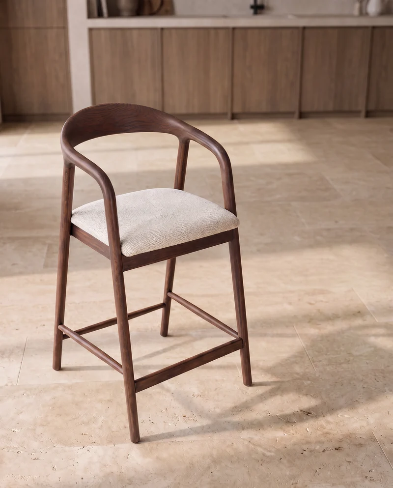 Japandi Essenhouten Barkruk Walnut Beige