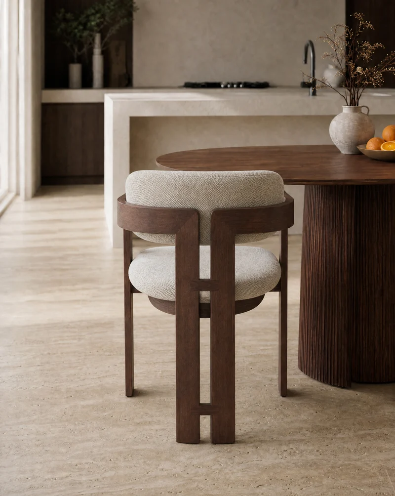 Japandi Eetkamerstoel Kiyo – Walnootkleurig Massief Essenhout & Beige Stof