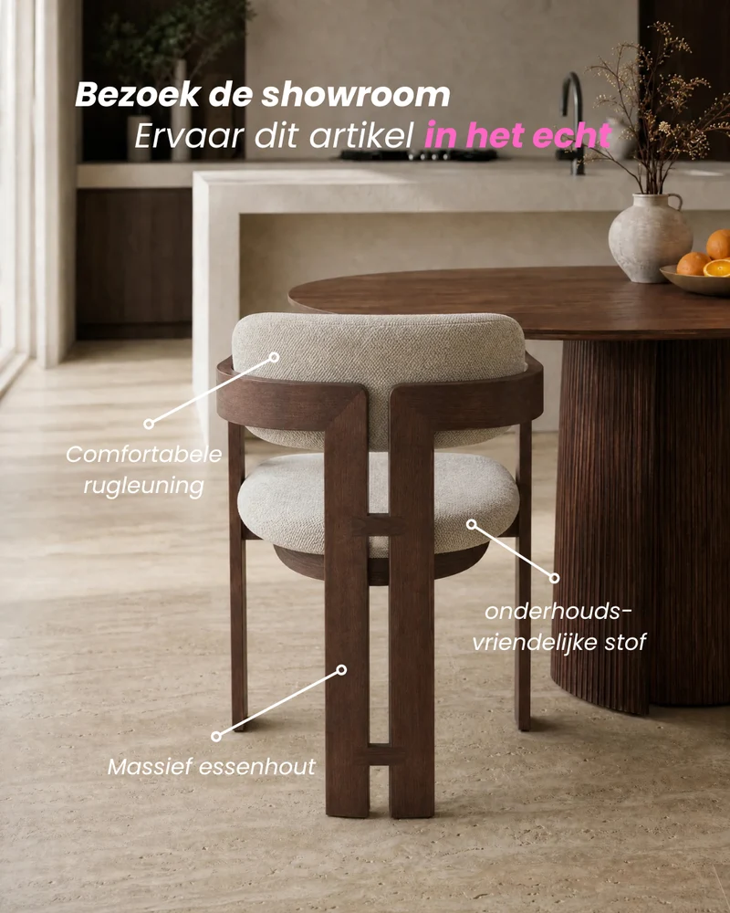 Japandi Eetkamerstoel Kiyo – Walnootkleurig Massief Essenhout & Beige Stof