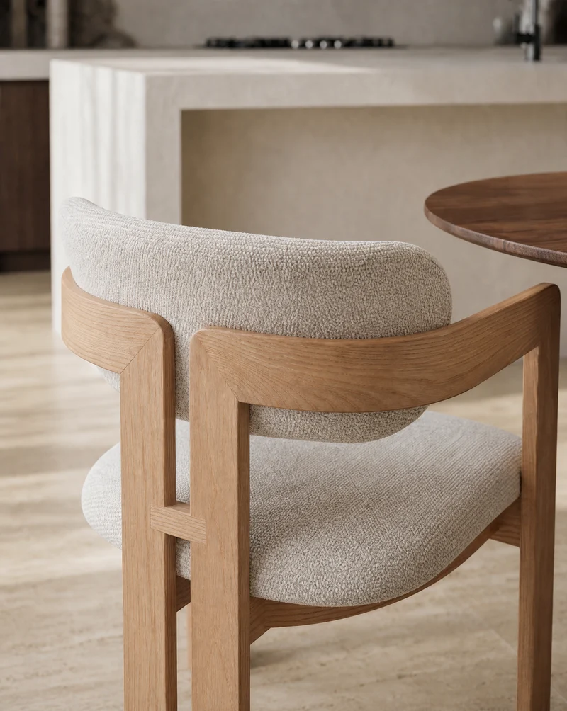 Japandi Eetkamerstoel Kiyo – Naturel Massief Essenhout & Beige Stof