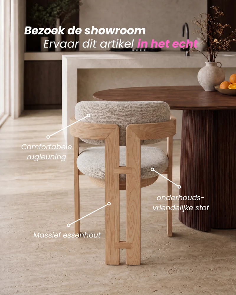 Japandi Eetkamerstoel Kiyo – Naturel Massief Essenhout & Beige Stof