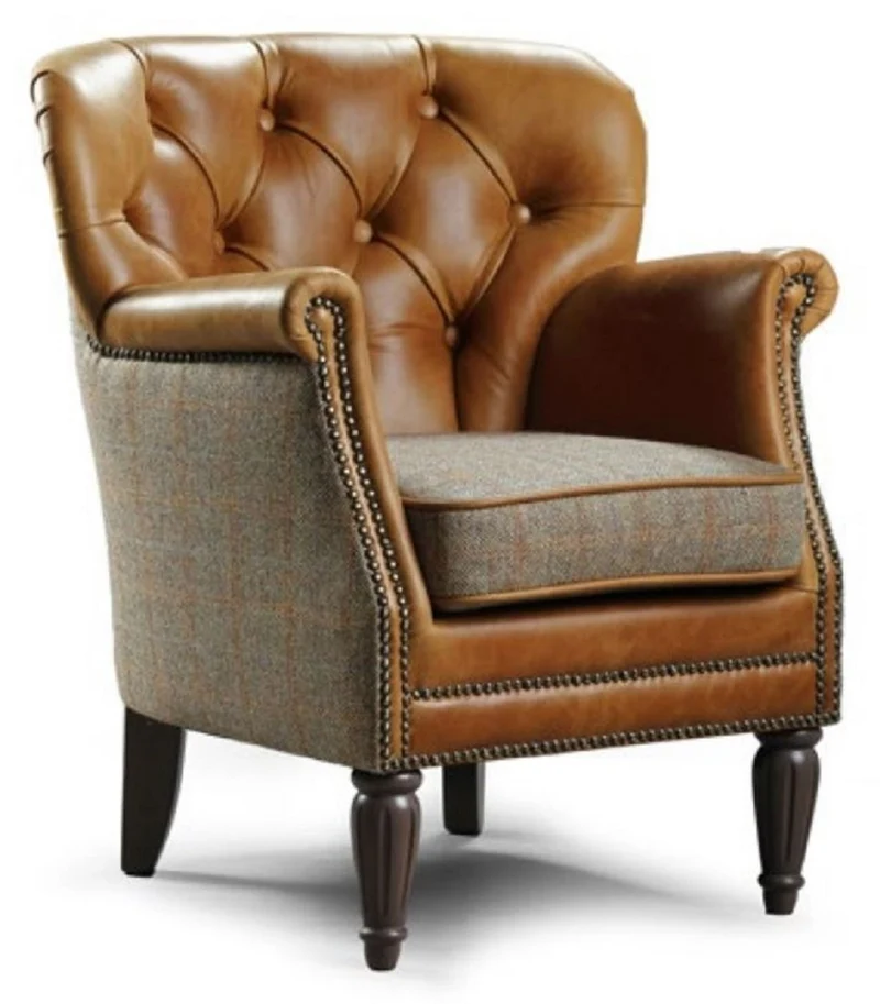 Casa Padrino Luxus Chesterfield Leder Sessel Braun / Grau / Dunkelbraun 75 x 70 x H. 82 cm - Echtleder Wohnzimmer Sessel - Chesterfield Wohnzimmer Möbel