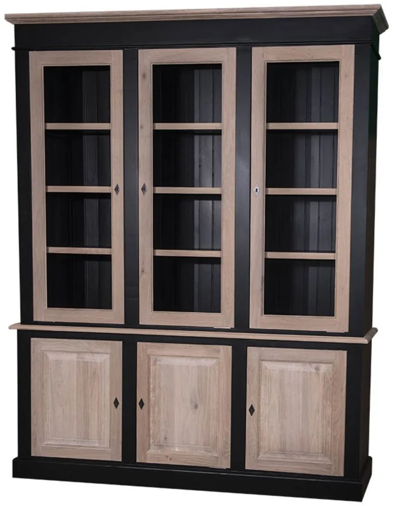 Casa Padrino Landhausstil Wohnzimmerschrank Massivholz Schwarz / Naturfarben 182 x 48 x H. 228 cm