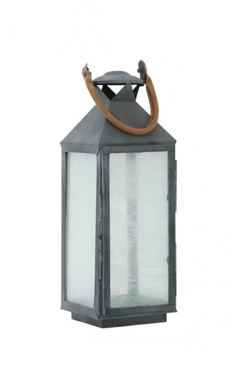 Casa Padrino Designer Deko Laterne Zink Finish mit Ledergriff 18 x 18 x H. 67 cm - Luxus Laterne