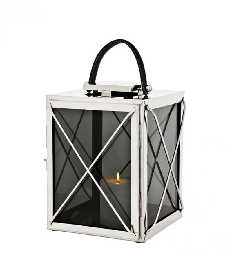 Casa Padrino Designer Deko Laterne Nickel Finish Silber / Rauchglas 30 x 30 x H. 45 cm