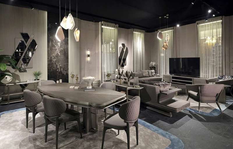 Casa Padrino Luxus Esszimmer Set Grau / Silber - 1 Luxus Esstisch & 6 Luxus Esszimmerstühle - Esszimmer Möbel - Luxus Möbel - Luxus Einrichtung