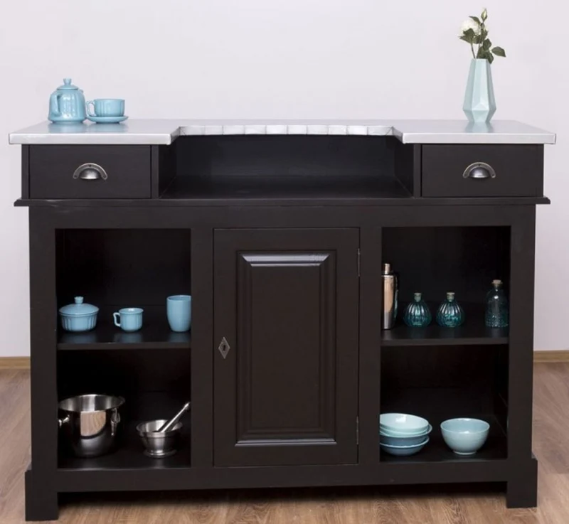 Casa Padrino Landhausstil Theke Schwarz / Silber 150 x 65 x H. 107 cm - Massivholz Thekentisch mit verzinkter Tischplatte - Barmöbel im Landhausstil
