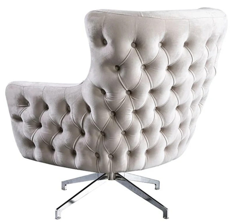 Casa Padrino Luxus Art Deco Chesterfield Drehsessel Cremefarben / Silber 90 x 90 x H. 100 cm - Wohnzimmer Sessel - Wohnzimmer Möbel