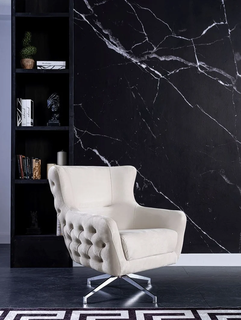 Casa Padrino Luxus Art Deco Chesterfield Drehsessel Cremefarben / Silber 90 x 90 x H. 100 cm - Wohnzimmer Sessel - Wohnzimmer Möbel