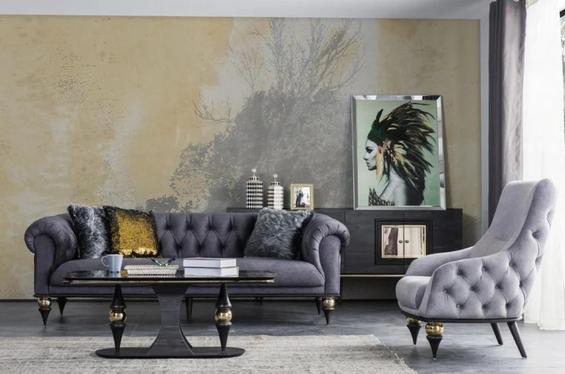 Casa Padrino Luxus Art Deco Chesterfield Sessel Hellgrau / Schwarz / Messingfarben 80 x 95 x H. 100 cm - Wohnzimmer Möbel