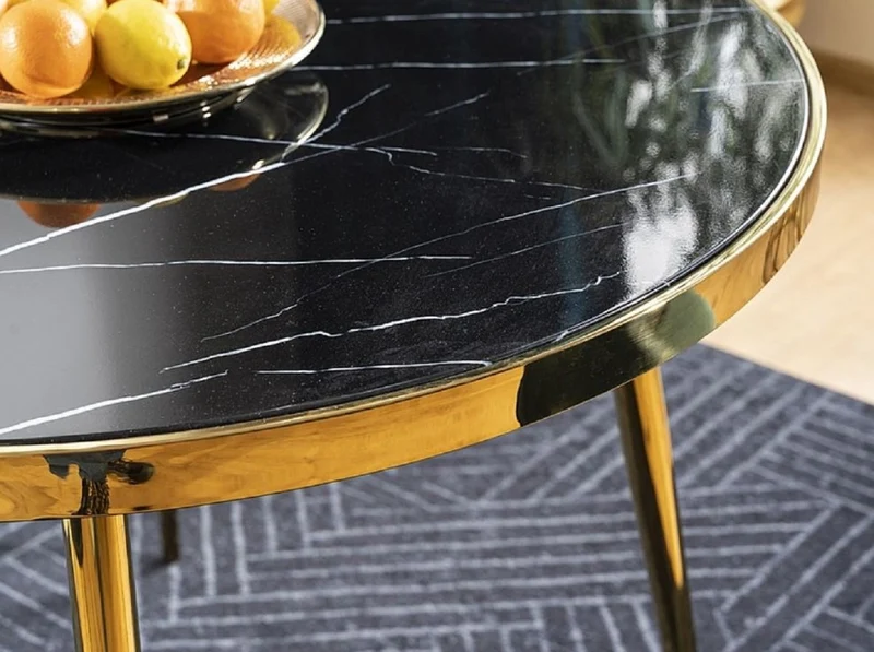 Casa Padrino Luxus Esstisch Schwarz / Gold Ø 100 x H. 75 cm - Runder Esszimmertisch mit Glasplatte in Marmoroptik - Esszimmer Möbel - Küchen Möbel