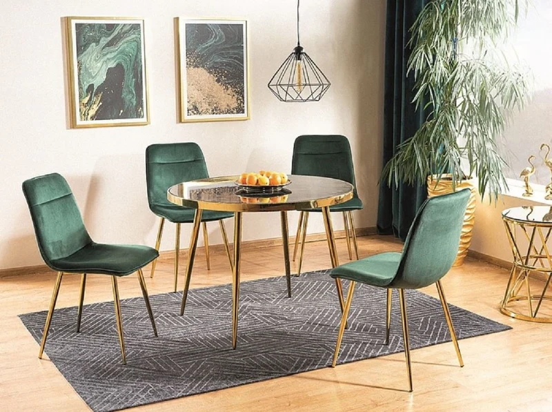 Casa Padrino Luxus Esstisch Schwarz / Gold Ø 100 x H. 75 cm - Runder Esszimmertisch mit Glasplatte in Marmoroptik - Esszimmer Möbel - Küchen Möbel